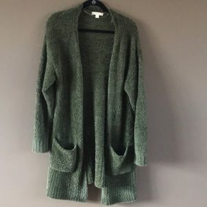 Green chenille cardigan sweater.